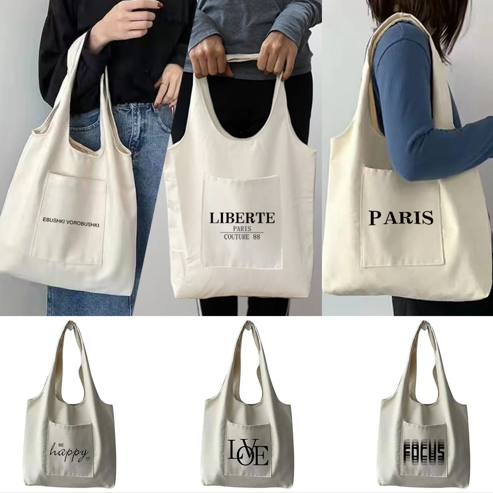 Shopping Bags Canvas Women‘s Tote Bag Pure Cotton Text Paris Street Print Handbags Eco Portable One-shoulder Shopping Bag