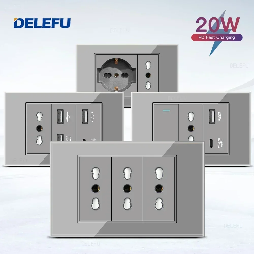 

DELEFU Grey Tempered Glass Italian Standard German-Italian Socket USB Type C Wall Socket Switch Satellite TV Phone CAT5 CAT6