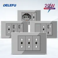 DELEFU Grey Tempered Glass Italy USB TypeC Fast Charging Wall Socket Schuko Tuya Wifi Smart Switch Sat TV Tel Doorbell Chile