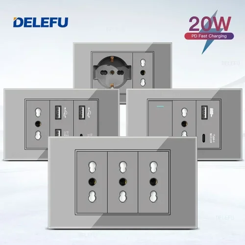 DELEFU vidrio templado gris Italia USB TypeC enchufe de pared de carga rápida Schuko Tuya Wifi interruptor inteligente Sat TV Tel timbre Chile