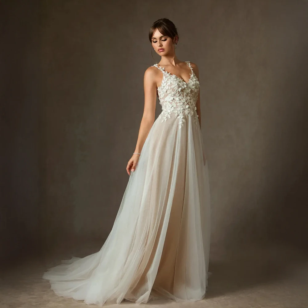 

Свадебное платье трапециевидной формы с 3D цветочным кружевом и v-образным вырезом по индивидуальному заказу, тюль с длинным шлейфом, элегантное свадебное платье для невест