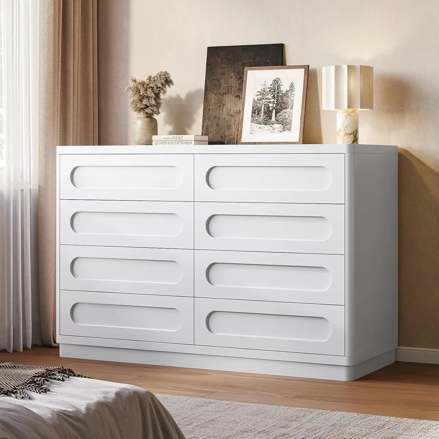 

White Dresser for Bedroom with 8 Drawers, 47.2" Wide Dresser for Closet with Deep Drawer, Large Wood TV Stand, Modern Chest of D