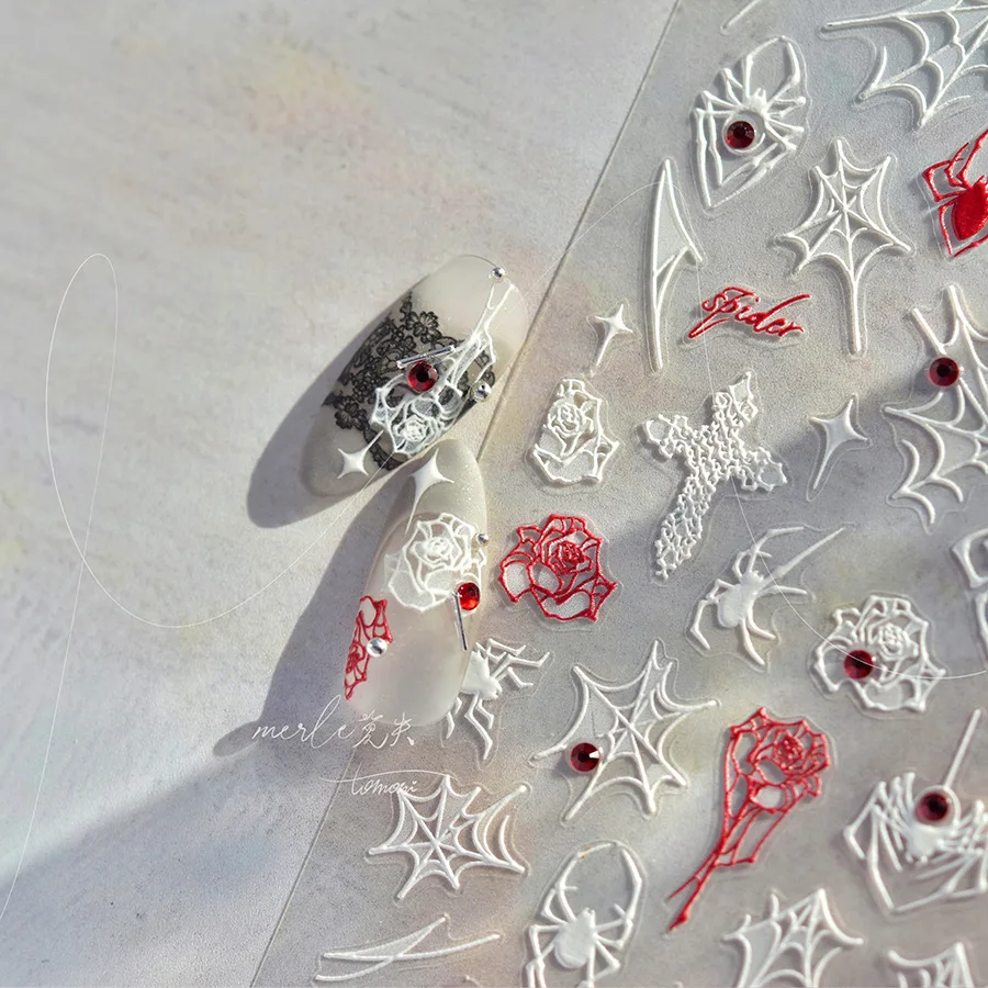 1 قطعة 5D أسود أبيض العنكبوت ويب ارتفع مسمار ملصقات الشرير الأحمر الماس روز الصليب مسمار الشارات Y2K مثير مانيكير الديكور المتزلجون م