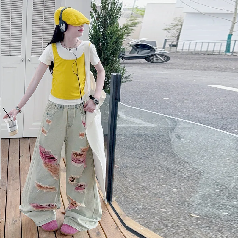 Girls' Summer Thin High Waist Straight Leg Jeans Ripped Hole Denim Pants Drapey Wide Leg Trousers Fashionable Casual Jeans