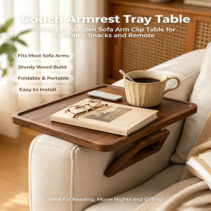 Foldable Bamboo Sofa Armrest Tray, Clip‑on Couch Side Table for Drinks Snacks Watching Movies, Portable Couch Arm Tray