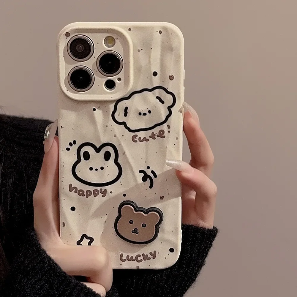 Origami Style Ink Dot Rabbit Teddy Bear Phone Case for IPhone16 15 14 12 13 11 Pro ProMax Plus X XR Shockproof Phone Cover