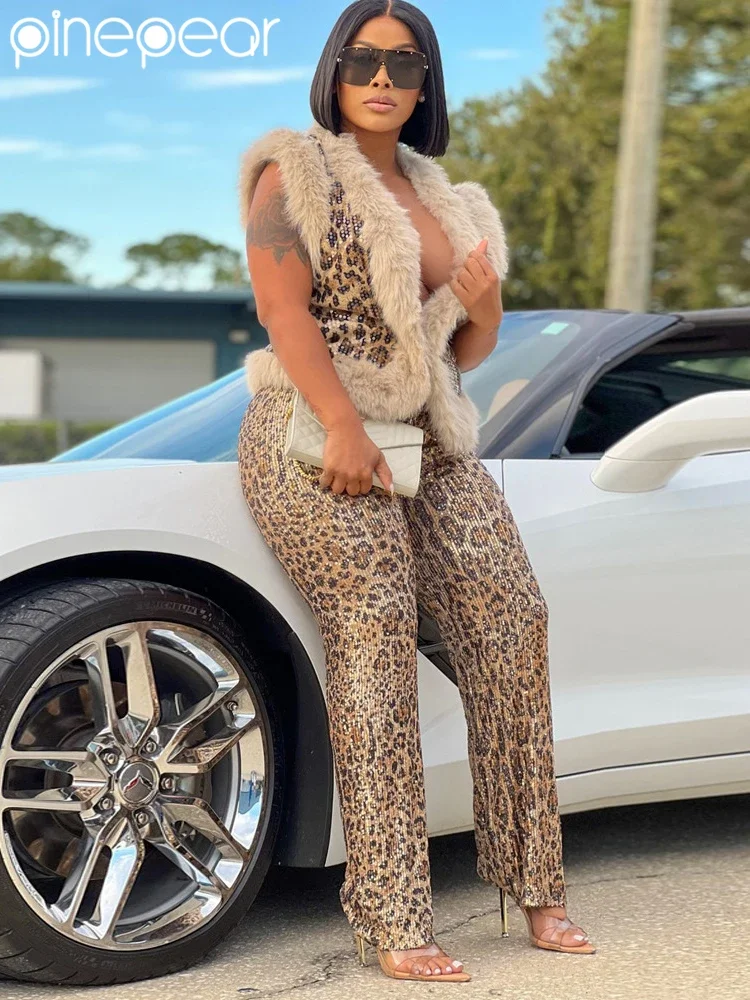 

PinePear 2025 LATEST DESIGN Leopard Sequins Glitter 2 Piece Sets Women Winter Fur Furry Vest Coat and Straight Pants Outfits