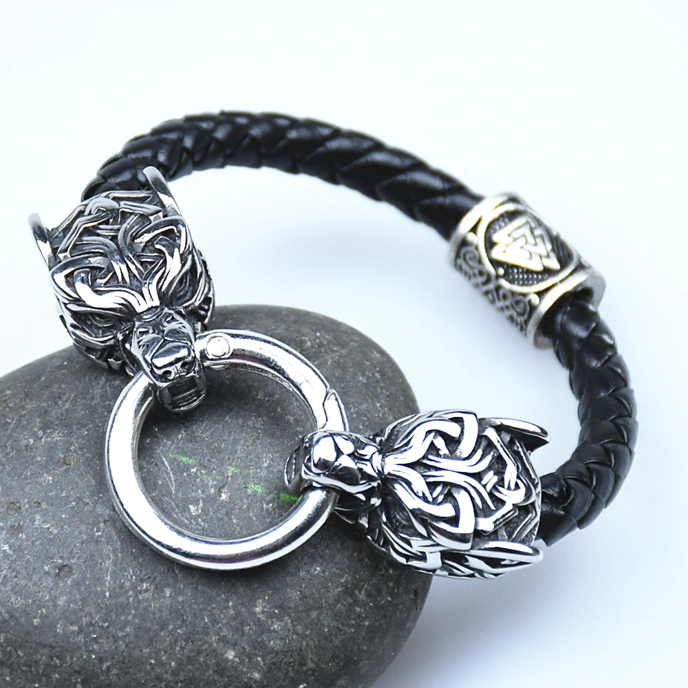 Stainless Steel Wolf Head Bracelets For Women Men Viking Rune Beads Leather Bracelet Jewelry