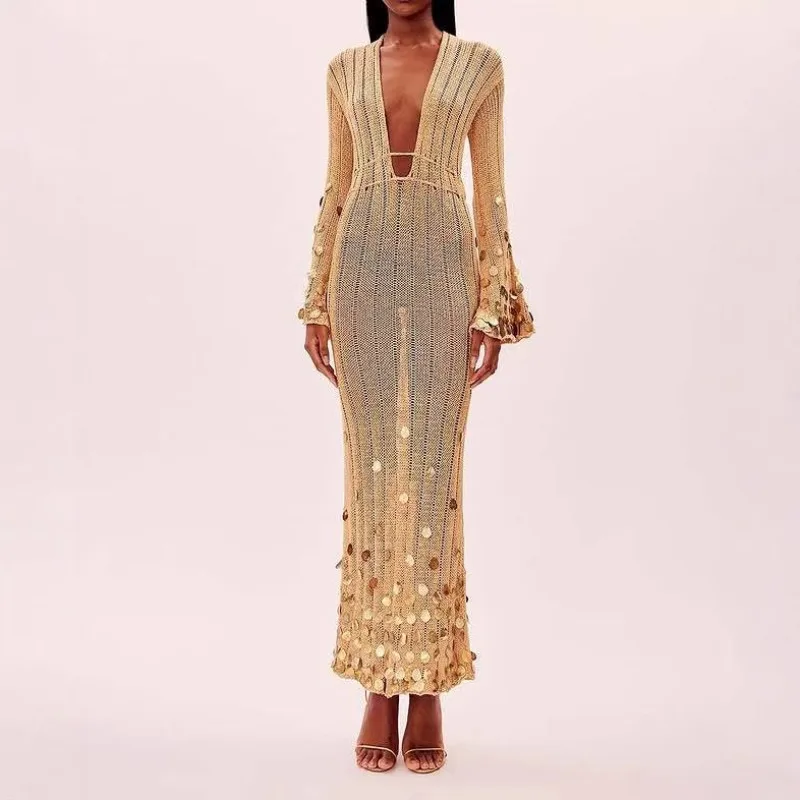 

Shinny Sequin Knitted Maxi Dress Deep V-Neck See Though Lace Up High Waist Long Robes 2025 Autumn Lady Party Club Clothing