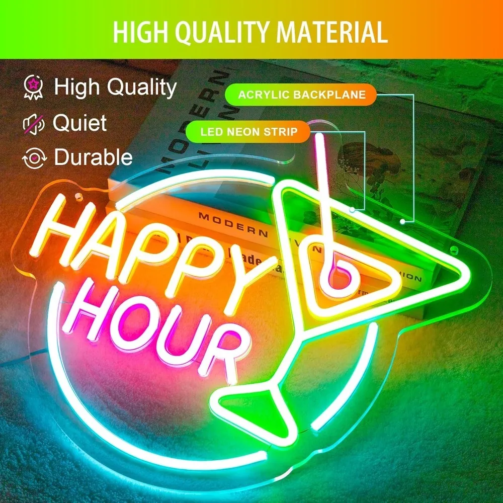 Happy Hour Neon Sign Dimmable LED Happy Hour Neon Bar Signs for Home Bar, Bright Cocktails Happy Hour Neon Signs for Wall Decor