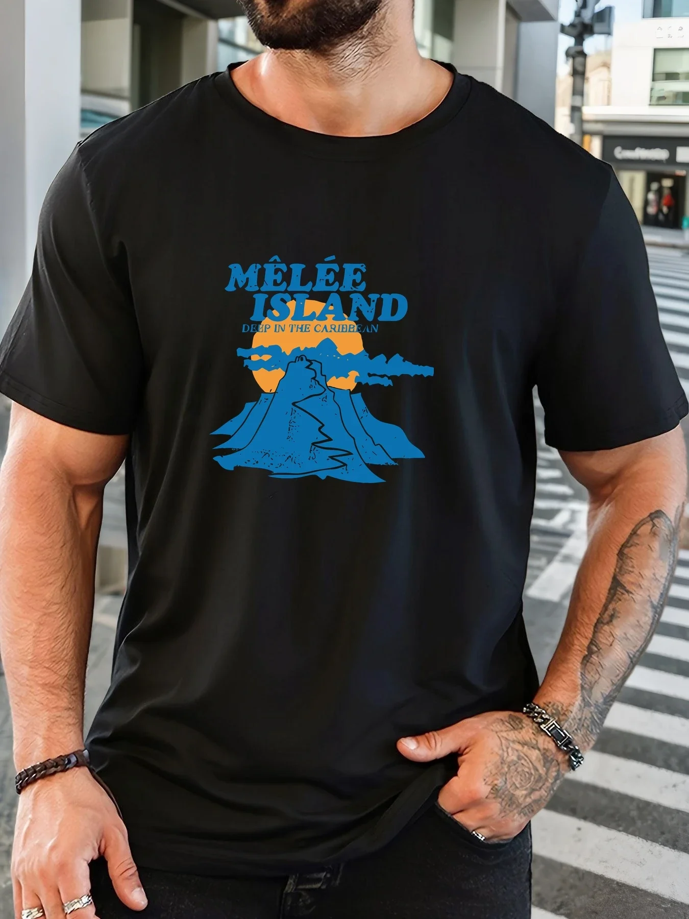 

Summer men's round-neck island print 100% pure cotton high-quality casual breathable short-sleeved trendy top