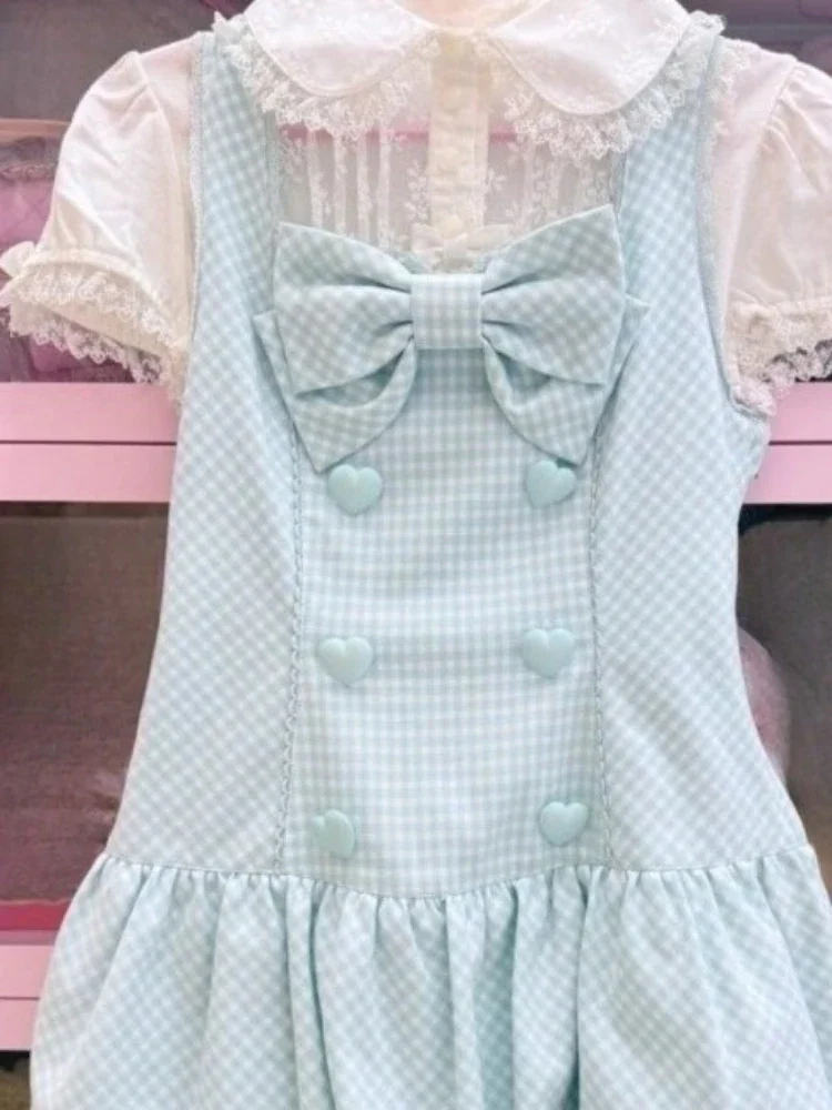 Japońska krata słodkie słodkie sukienki Harajuku Mini Love Button bez rękawów Vestidos Y2k estetyczne kobiety potargane plisowana sukienka wróżki