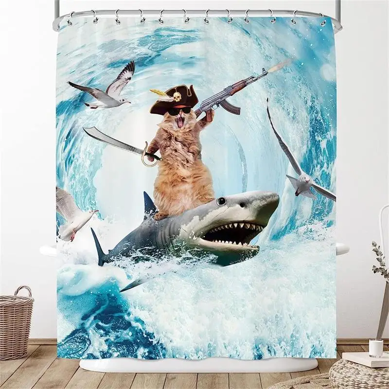 Funny Cat Shower Curtains Fun Animal Riding Dinosaur Nautical Blue Ocean Sea Waves Bath Curtain Kids Bathroom Decor with Hooks