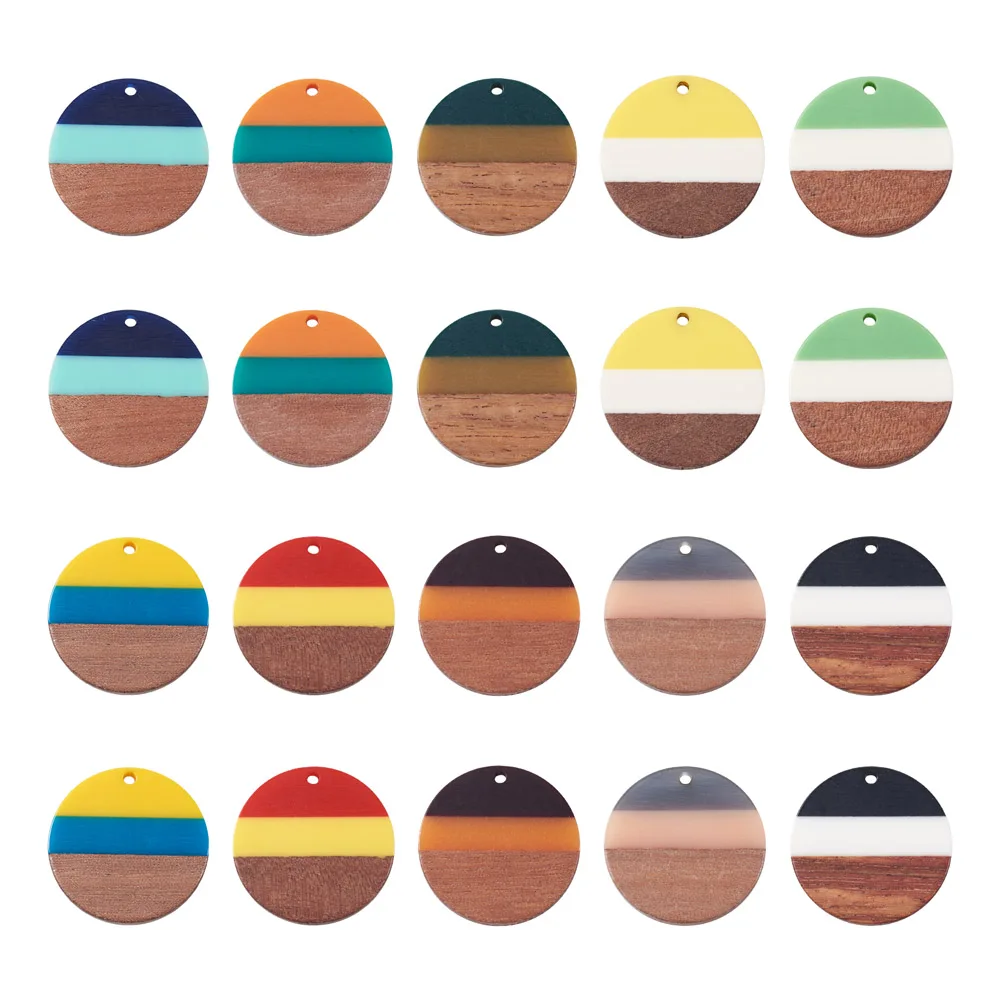 20Pcs Natural Wood Resin Charms Tri-color Flat Round Wooden Pendant For Necklace Earring DIY Jewelry Making Accessories