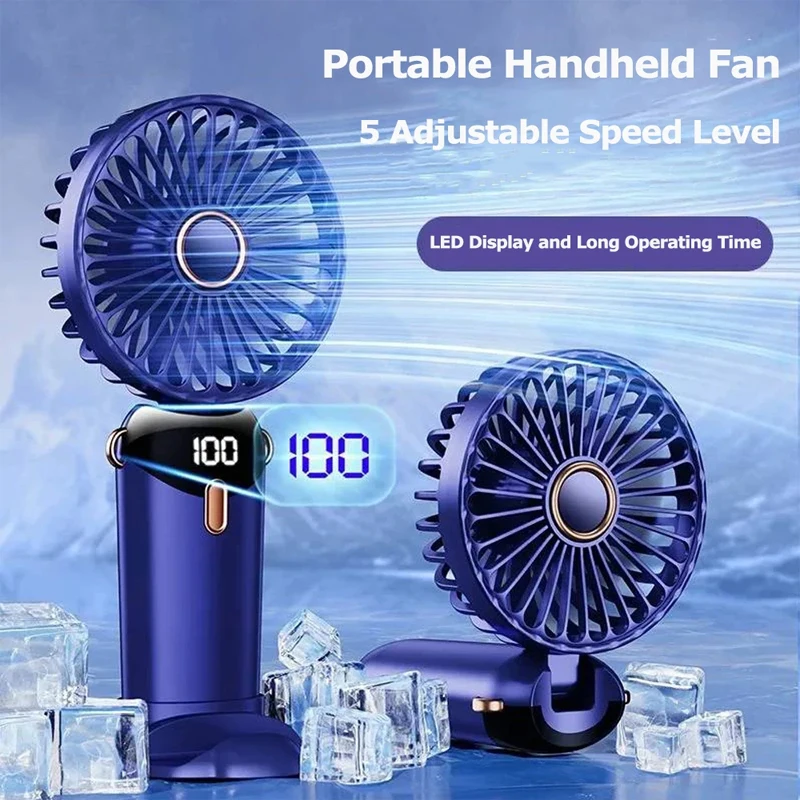  Handheld Mini Fan 3000mAh Foldable Portable Desk Outdoor Neck Hanging 5 Speed USB Rechargeable Fan Phone Stand Display Screen 