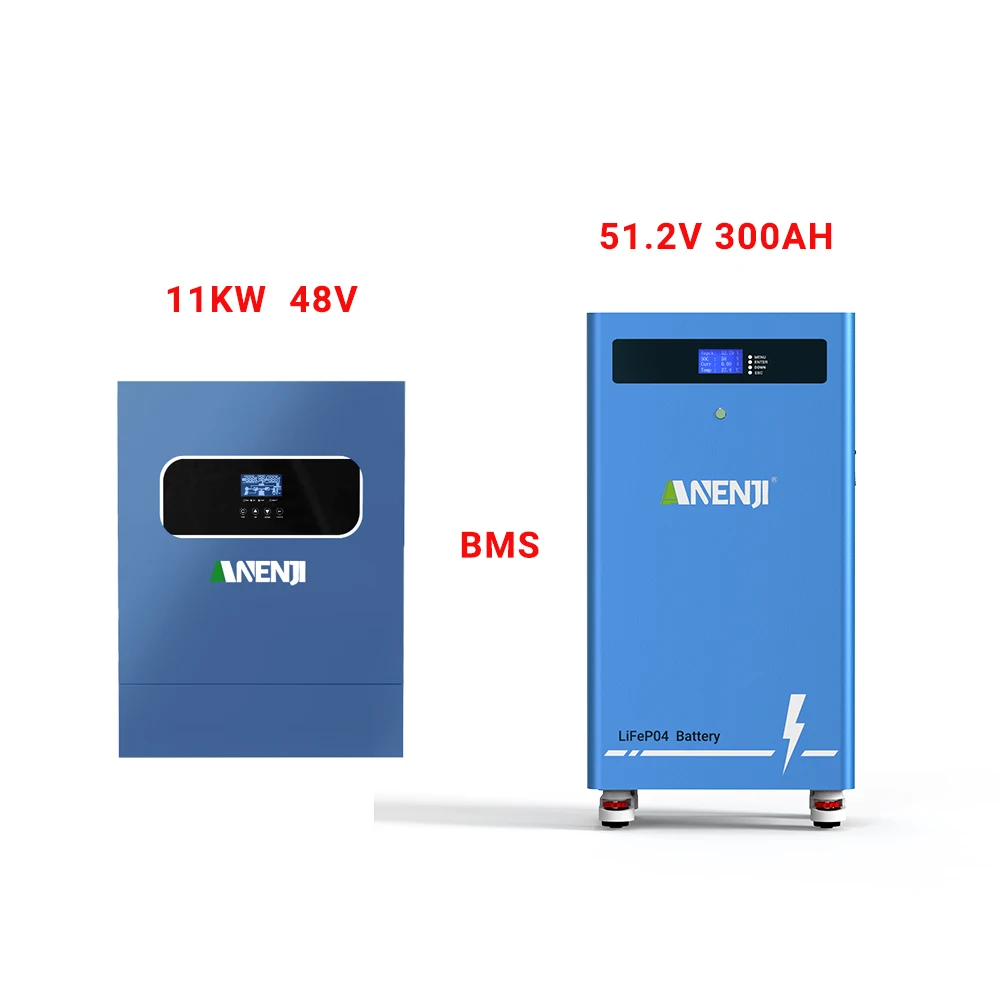 ANENJI 11KW 48V Hybride Solar Off-Grid en Grid-Tie Omvormer Pure Sine Inverter + 51.2V 300AH Lithium IJzer Fosfaat Huishoudaccu