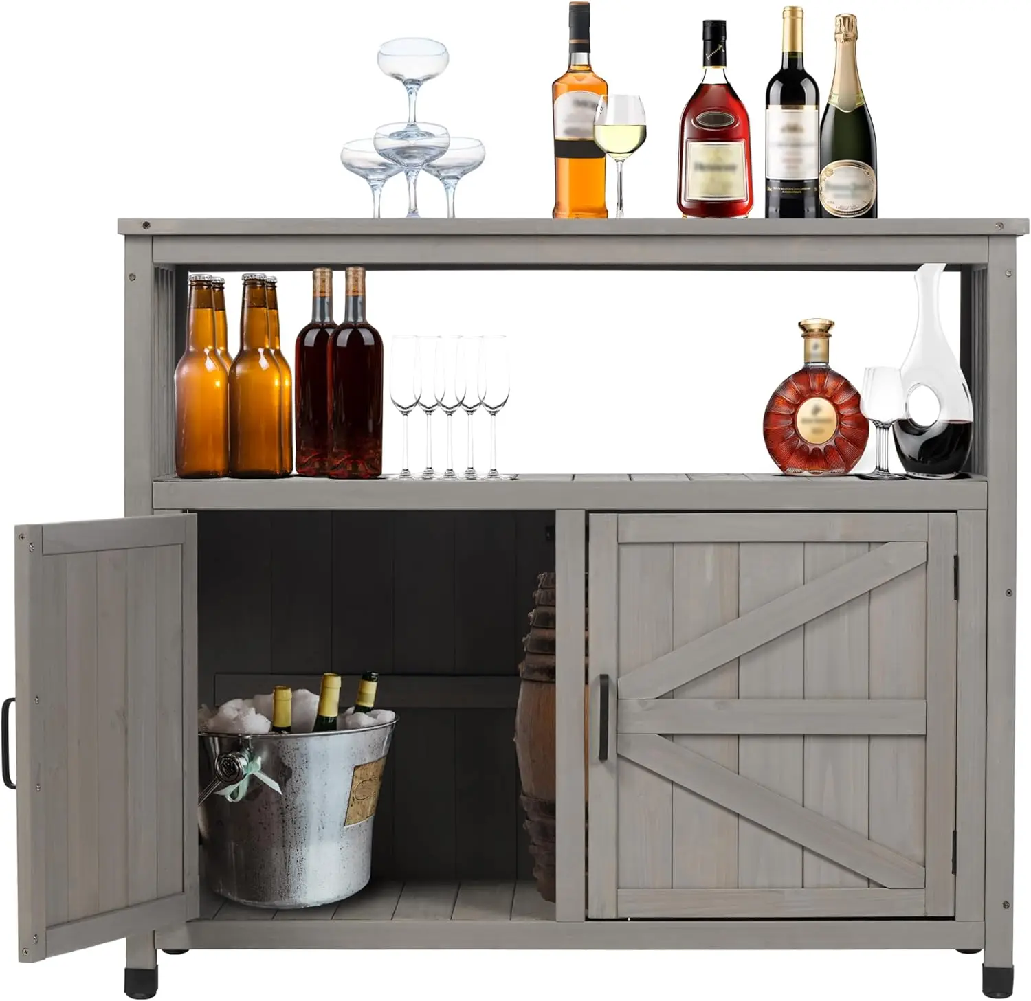 ไม้กลางแจ้ง Patio Bar ชุดโต๊ะเก็บบุฟเฟ่ต์ Sideboard คุณภาพสูงไม้ซีดาร์กว้างขวางตู้ Multi-Functional