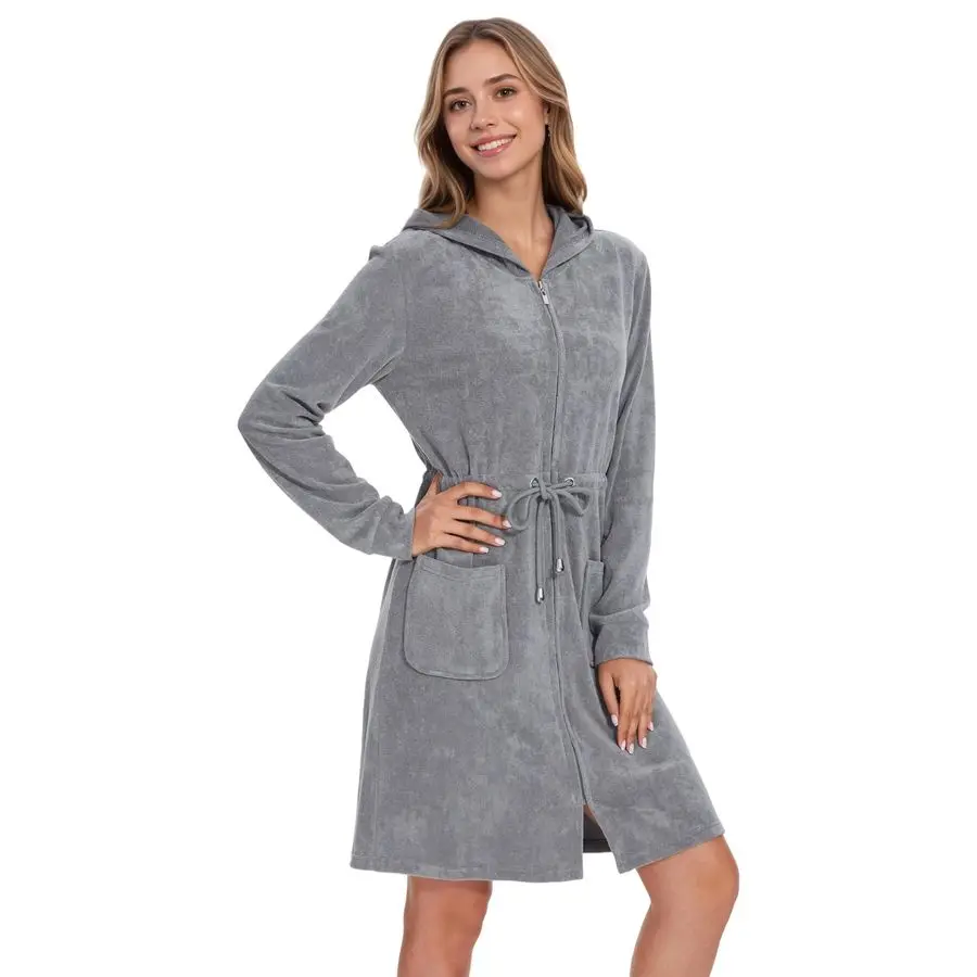 

Terry Cloth Zipper Robe Zip Up Bathrobes with Pockets Hooded Cotton Housecoat Nightgown Loungewear Sleepwear