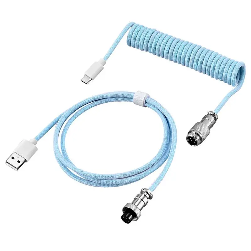 N34R-Coiled Cable Mechanical Keyboard Adapter USB For Desktop PC Type C Phone Charging Cord Aviation Connector Wire Blue