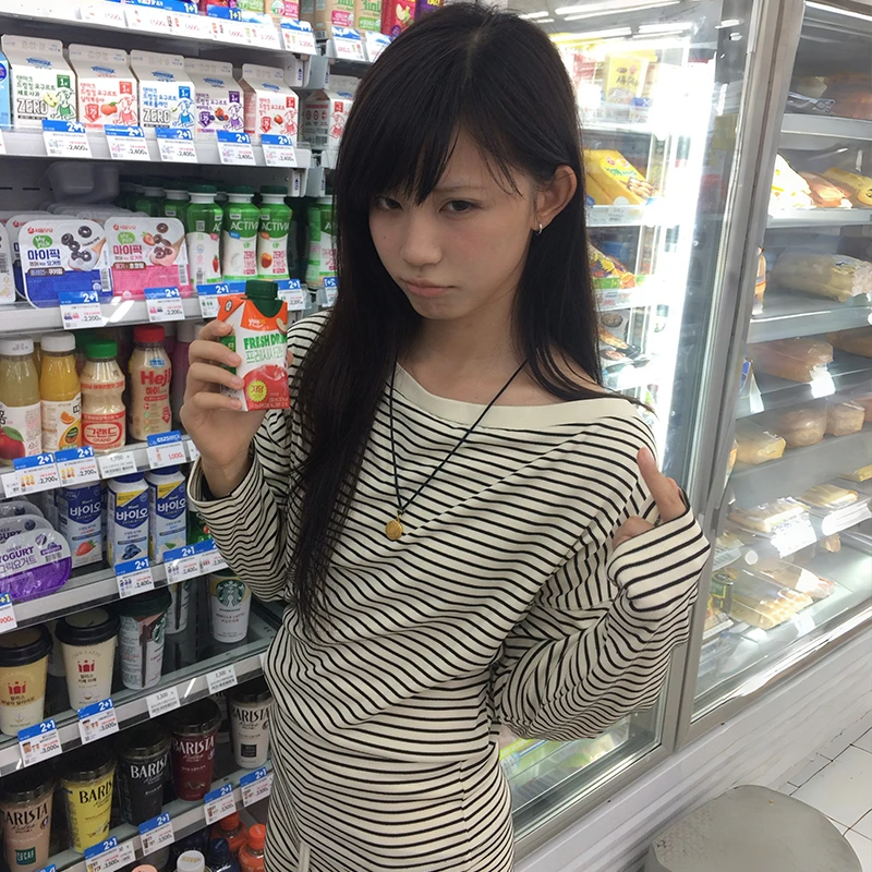 Karrram اليابانية Y2k كم طويل تي شيرت مخطط 2000s كسول نمط محبوك القمم خمر Harajuku متماسكة تي شيرت الأمريكية الرجعية 90s