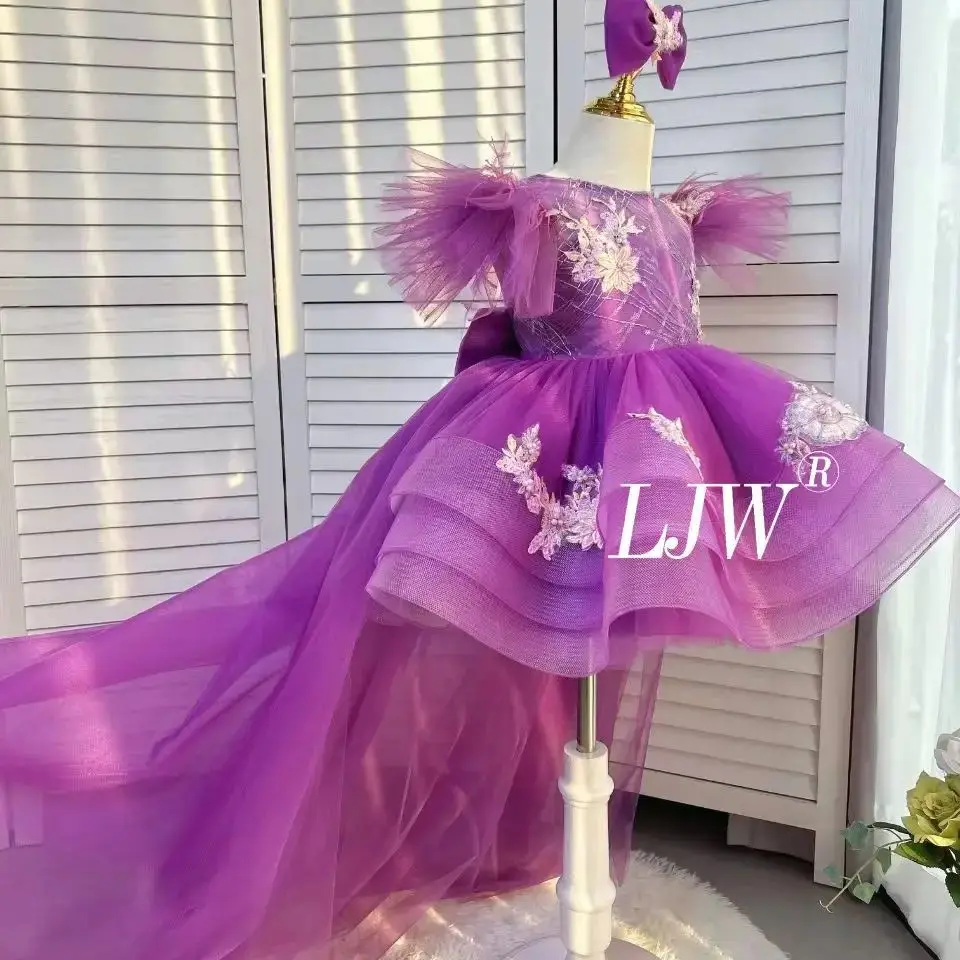 Purple Customized Flower Girl Dress Royalsmall flying sleeve with a trailing tail Tulle Puffy Wedding Birthday Banquet Princess