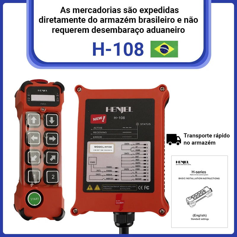 HENJEL H108 Controle remoto industrial para carro, guindaste de aeronave, controle remoto de elevação, 8 teclas, velocidade única, controle remoto sem fio