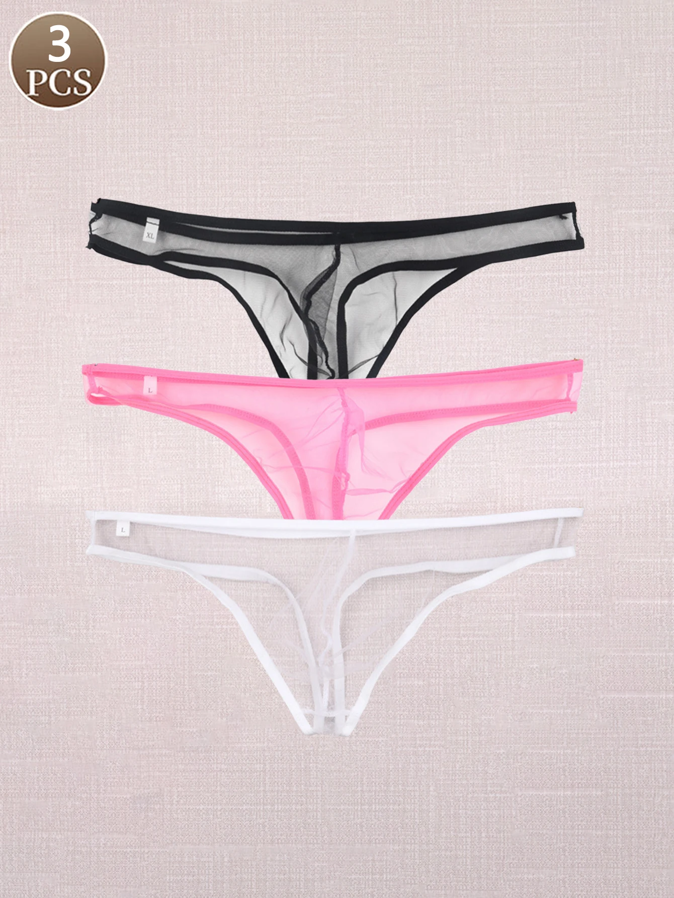 

3PCS Solid color mesh sexy lightweight casual sports Men's breathable low waist semi transparent fashionable thong