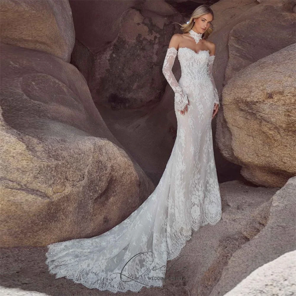 QICHE Classic Lace Sweetherat Long Sleeve Mermaid Wedding Dress Open Back Buttons Bridal Gown 2026 Vestidos De Novia Customized