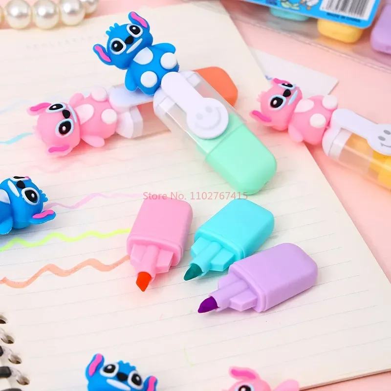 6/30pcs Disney Anime Lilo And Stitch Bagged Mini Highlighter Cartoon 6color Diy Handbook Pen Cute Student Marker Stationery Gift