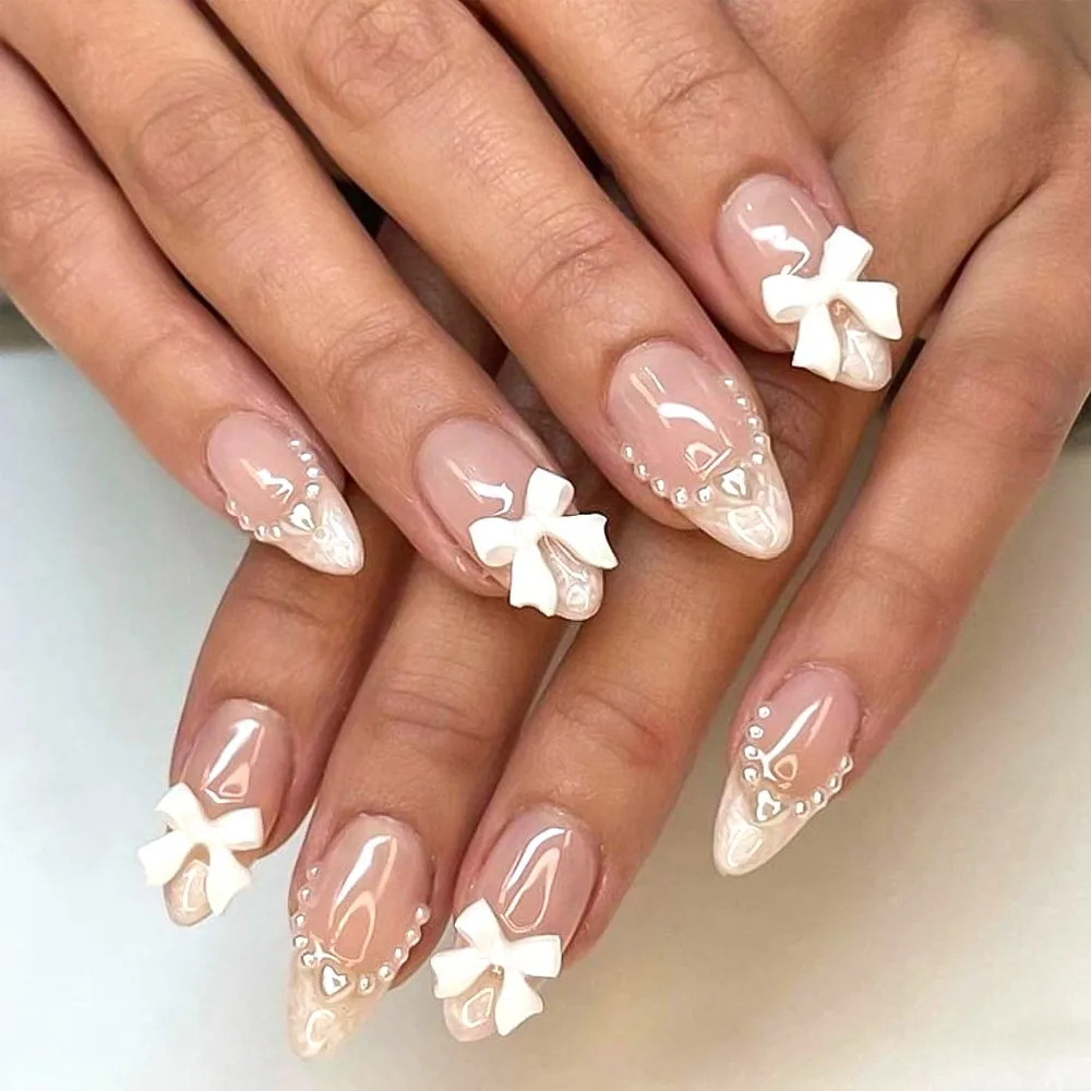 24pcs French Almond False Nails Wearable Bowknot Pearl Rhinestone Desgin Fake Nails Short Simple Full French Tips Press On Nails