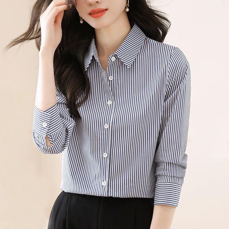 

Classic Striped Women Blouses And Shirts Office Lady Fashion Long Sleeve Turn-down Collar Tops Casual Autumn Outwear Clothing