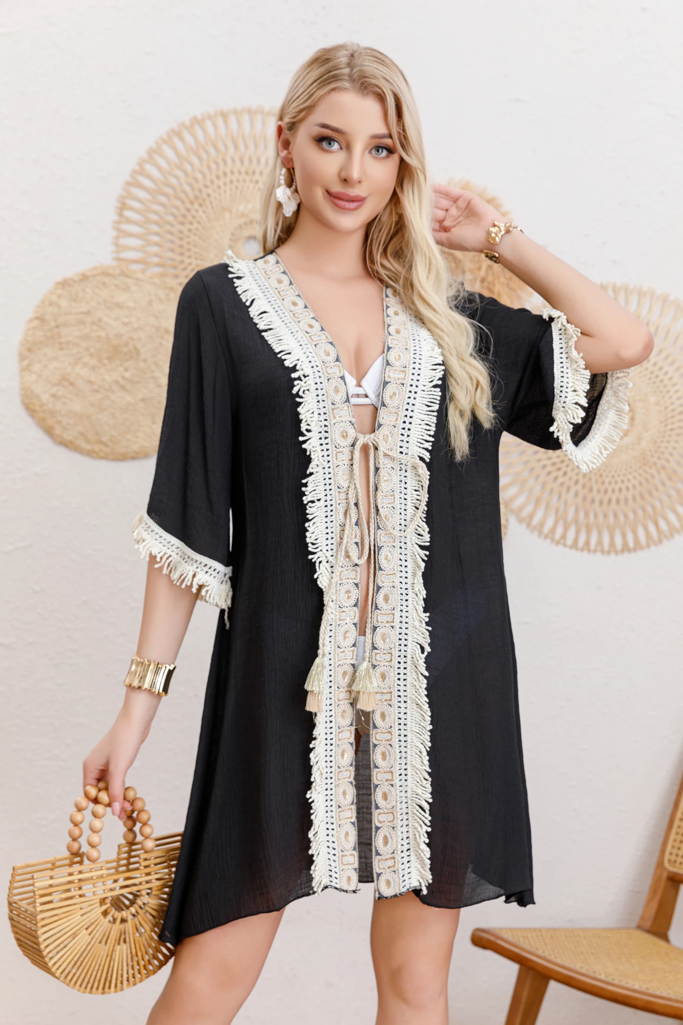 Cardigan kimono swim cover ups para mulheres rendas lantejoulas borlas franjas vestido de praia vestido de verão manga 3/4 rendas