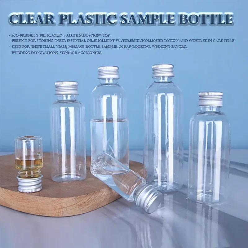 30pcs 5ml-500ml Empty Clear Plastic Sample Bottle with Aluminium Screw Cap Tiny Jars Cosmetic Container Travel Refillable Bottle