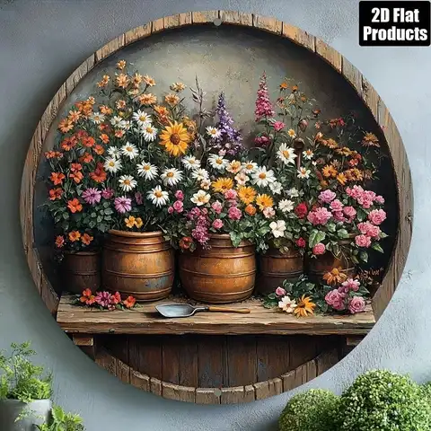 Vintage Round Garden Wall Art Plaque 8x8 Inch Floral Aluminum Metal Decorative Panel Outdoor Patio Decor Sign