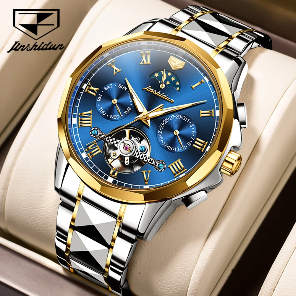 

JSDUN лучший бренд, оригинальные модные мужские автоматические механические часы, высококачественный ремешок из вольфрамовой стали, многофункциональные роскошные мужские часы