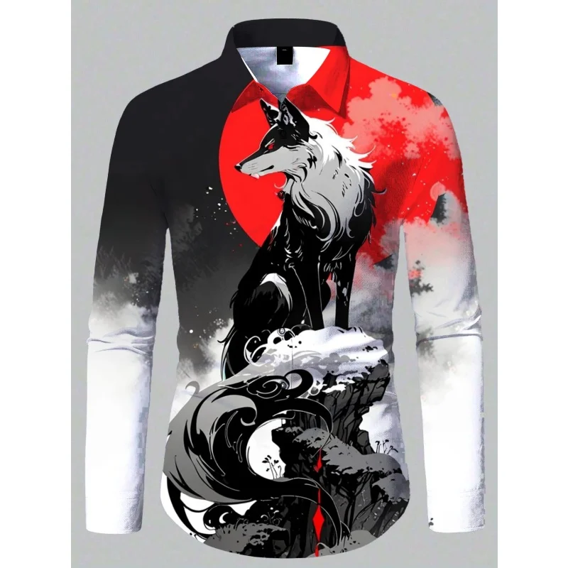 3D Print Wolf Pattern Men's Long Sleeve Shirts Vintage Animal Graphic Stylish Cool Outdoor Street Tops Loose Lapel Button Blouse