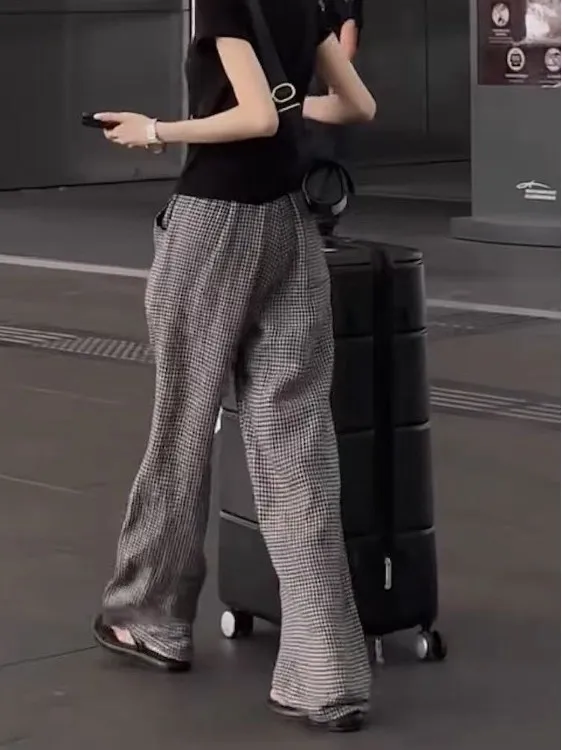 Comfortable Linen Straight Leg Pants with Dstring Design Bla And White Cheered Loose Fitting Floor Length Lazy Sle