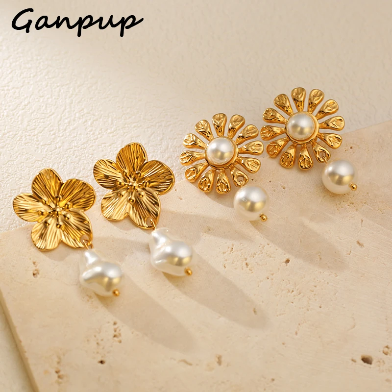 

GANPUP 316L Stainless Steel Flowers Drop Natural Freshwater Pearl Earrings for Women Fashion Charm Daily Jewelry Waterproof Gift