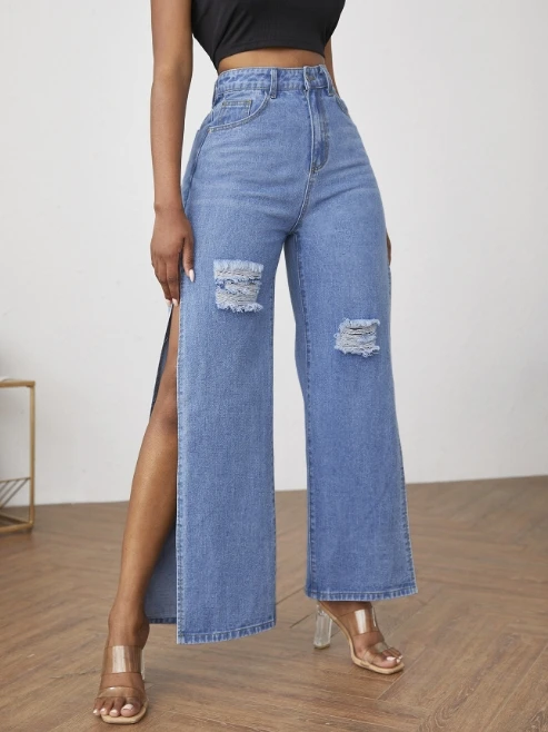 Wijde Pijpen Damesjeans 2023 Nieuwe Persoonlijkheid Trend Hoge Taille Lange Jeans Gescheurde Sexy Split Jeans Wijde Pijpen Denim Lange Broek