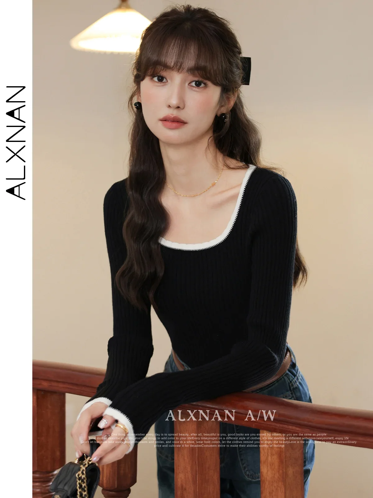 سترة نسائية سوداء من ALXNAN بلوفرات محبوكة أنيقة بياقة مربعة وأكمام طويلة ملابس تريكو نسائية LXN320107 #4