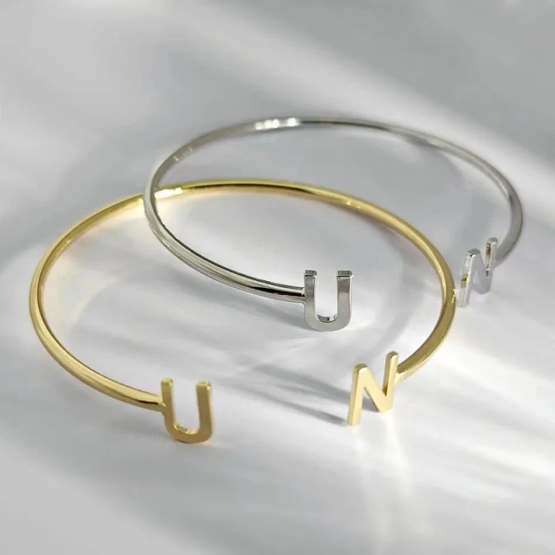 Duoying Initial Name Bracelets Bangle Simple Double Letters Bracelet for Gift Love BBF Anniversary Gifts Simple Jewelry Bracelet