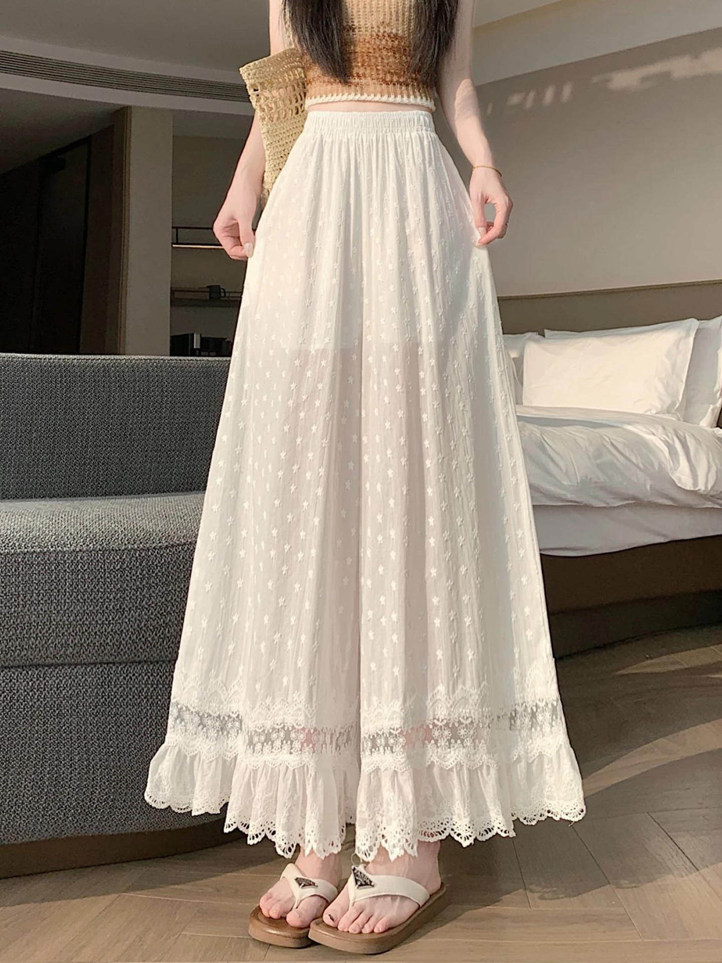 High Waist Wide Leg Pants Women Summer Beautiful Lace Trim Embroidered Casual Loose Slimming White Pants Korean Style