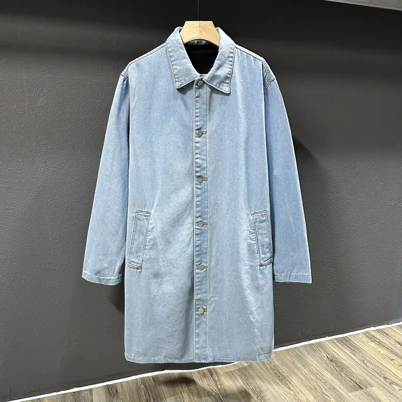 Nowa wiosna jesień moda Denim Trench Men Casual Windbreaker Coat Solid Color Long Mens Turn Down Collar Jackets Odzież wierzchnia Man