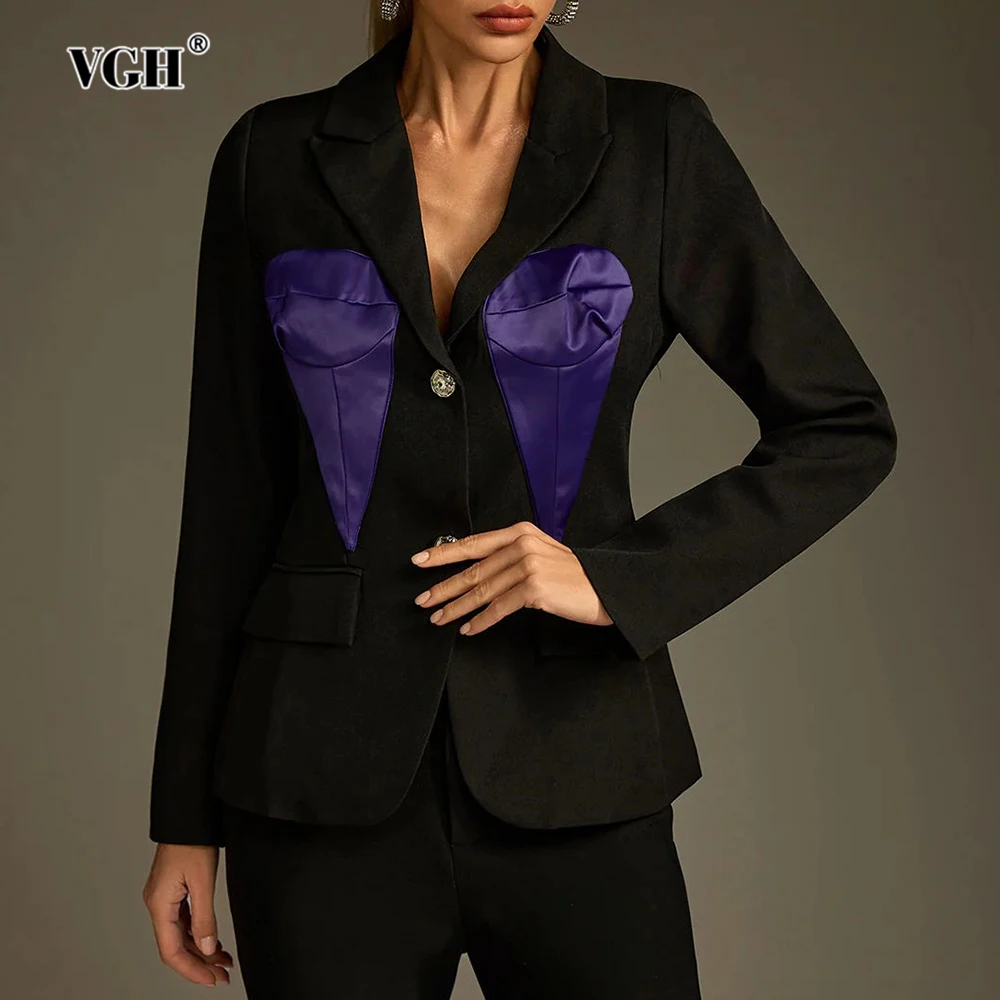 

VGH Hit Color Patchwork Bodice Slim Blazer for Women Notched Collar Long Sleeve Sexy Deconstruction Designer Runway Coats Female