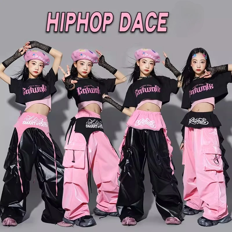 Girls K-pop Crop Top Shiny Cargo Pants Children Streetwear Girl Group Costumes Kids Hip Hop Jazz Teens Street Dance Clothes Sets
