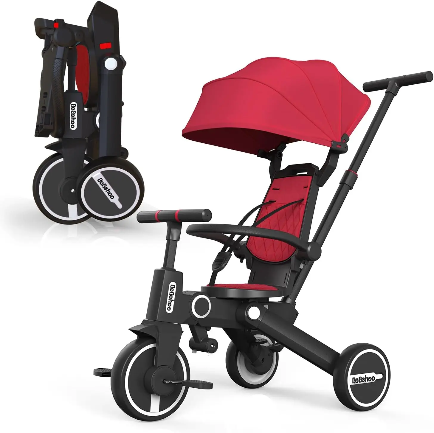 

7-in-1 Foldable Tricycle Stroller for Toddlers with Push Handle, Kids Balance Bike for 1-5 Years, Red