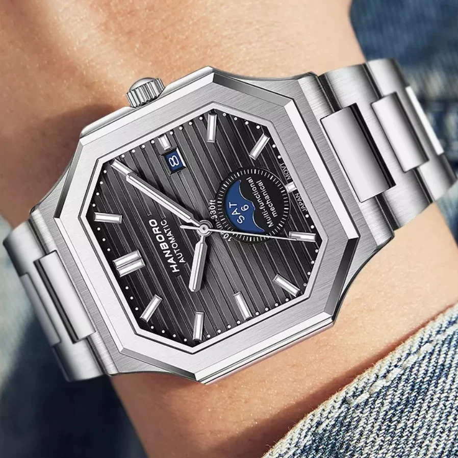 

HANBORO Мужские автоматические часы 42 мм квадратные механические наручные часы 5ATM водонепроницаемые светящиеся сапфировые Mioyta 8205 дата недели