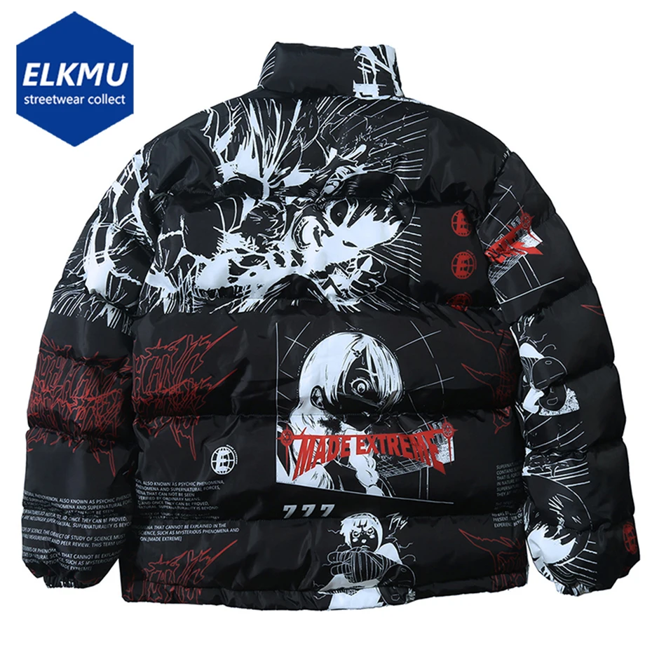 Streetwear Anime Printed Jacket Men Hip Hop Winter Parkas Coat Black Loose Puffer Padded Jackets  Y2K Oversized Bubble Coats Man