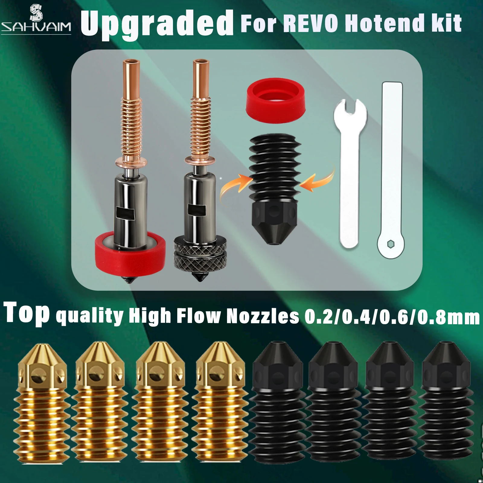 Ugello di aggiornamento per kit Hotend in ceramica Revo Ugelli sostituibili Ottone temprato 0,2/0,4/0,6/0,8mmHeatbreak TC4 Titanium per Hotend