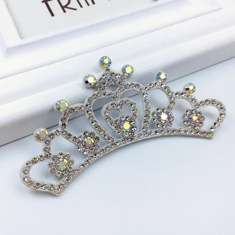 Silver Pink Lovely Princess Silver Rhinestone Crown Patches for Clothing Craft Sew Glue on Wedding Dress Applique Decor Patch